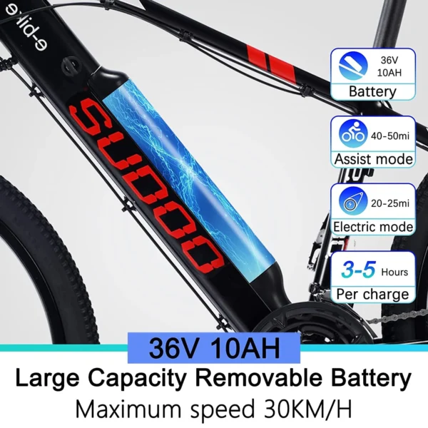 Azraa Electric Bike | Red Warrier 26" Electric Mountain Pedal E-Bike | 36V12A Battery with Integrated wheels | - Image 5