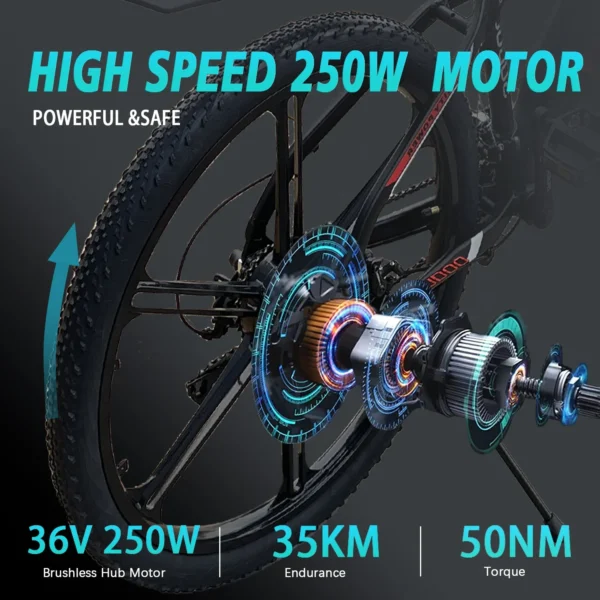 Azraa Electric Bike | Red Warrier 26" Electric Mountain Pedal E-Bike | 36V12A Battery with Integrated wheels | - Image 7